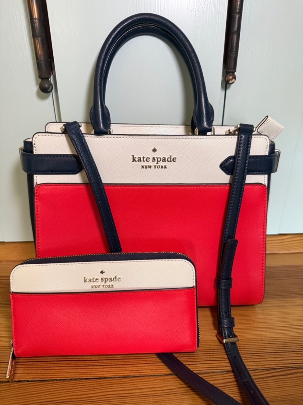 Kate Spade Red, White & Navy Colorblock Leather Satchel with Matching Wallet